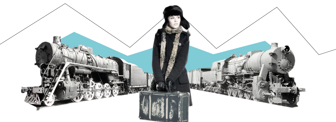femme - manteau polaire - vielle valise - echarpe -bonnet fourrure - deux vieux trains - graphisme -minimalisme -  sncf - conduire - cheminot - train - ratp - transport - voyageur - voyage - transport - se déplacer - grève - grèviste - retard transport - wan2bee - blog.wan2bee - wan2bee.com