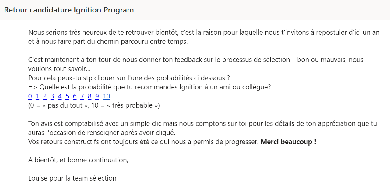 Retour candidature Ignition Program